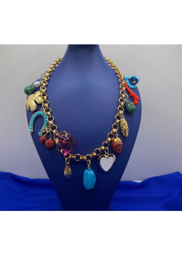 Renkli Charm Detaylı Gold Zincir Kolye